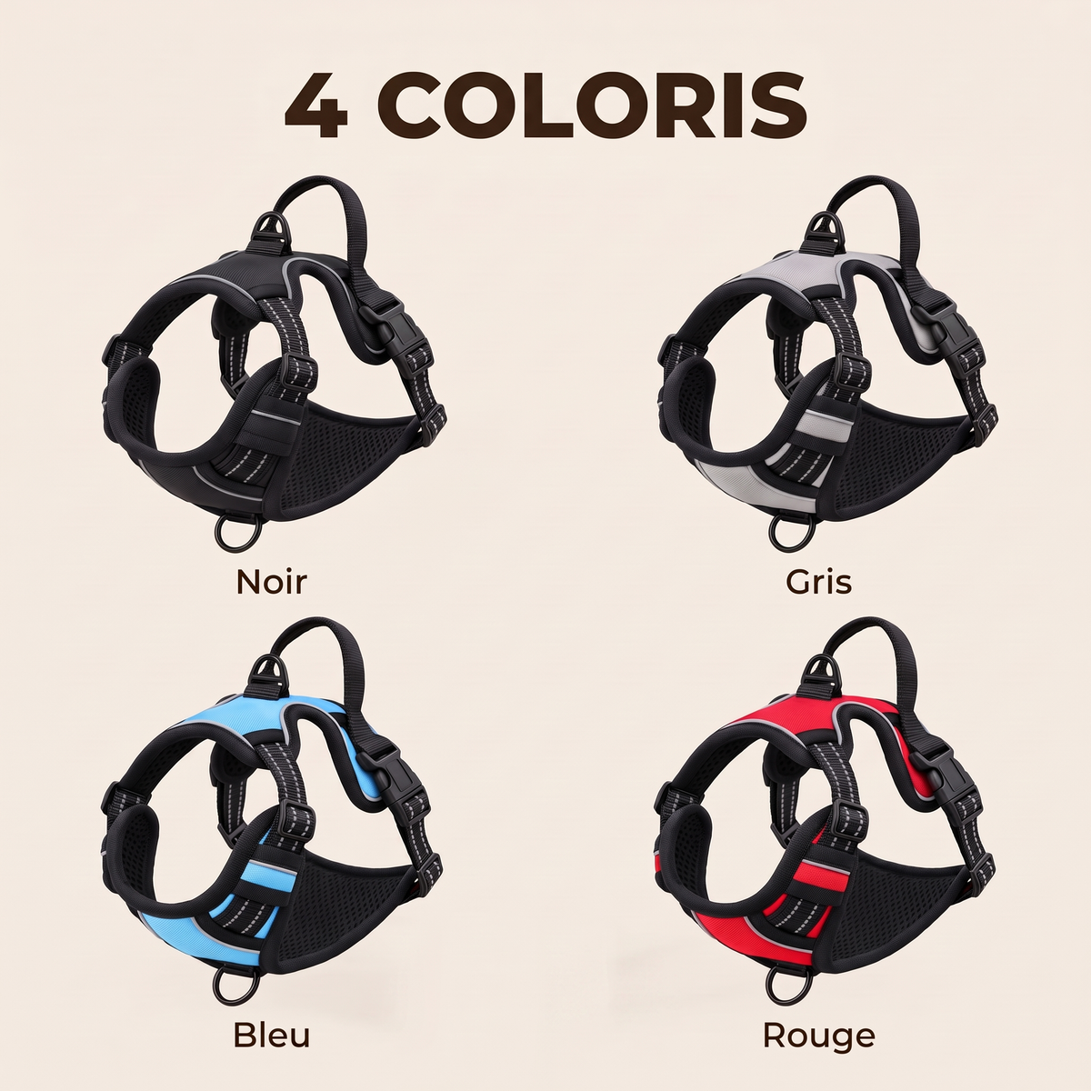 Le harnais anti-traction en 4 coloris : noir, gris, bleu, rouge