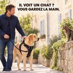 Il voit un chat ? Vous gardez la main : homme tenant la poignée du harnais de son labrador