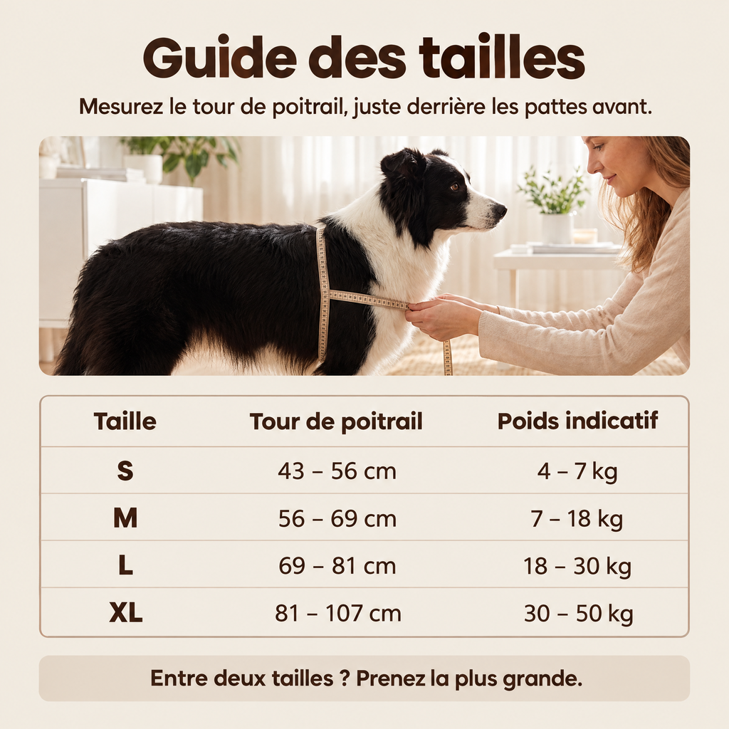 Guide des tailles du harnais anti-traction : S, M, L, XL selon le tour de poitrail