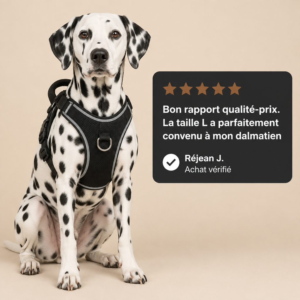 Avis client 5 étoiles : dalmatien portant le harnais anti-traction noir, photo studio