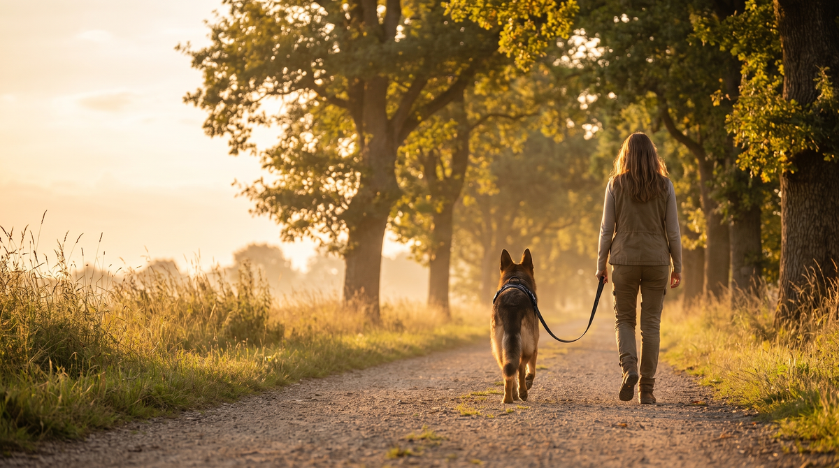 Femme et berger allemand en balade au coucher du soleil sur un chemin de campagne
