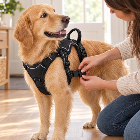 Fermeture de la boucle du harnais sur un golden retriever