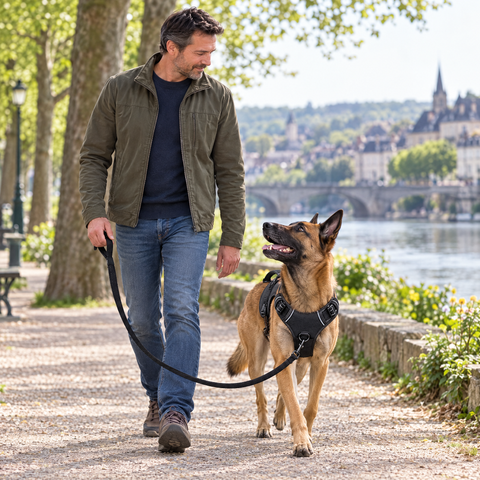 Homme en balade détendue avec son malinois équipé du harnais