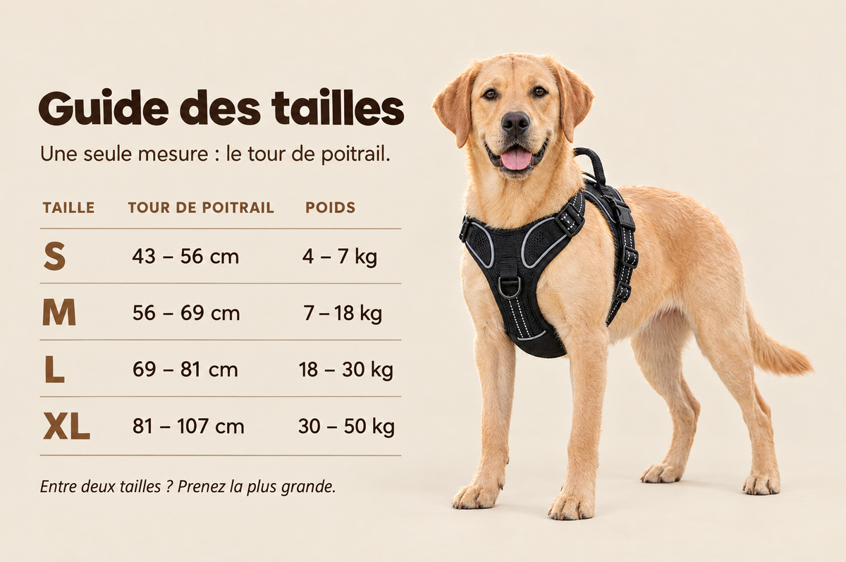 Guide des tailles du harnais selon le tour de poitrail : S de 43 à 56 cm (4 à 7 kg), M de 56 à 69 cm (7 à 18 kg), L de 69 à 81 cm (18 à 30 kg), XL de 81 à 107 cm (30 à 50 kg). Entre deux tailles, prenez la plus grande.