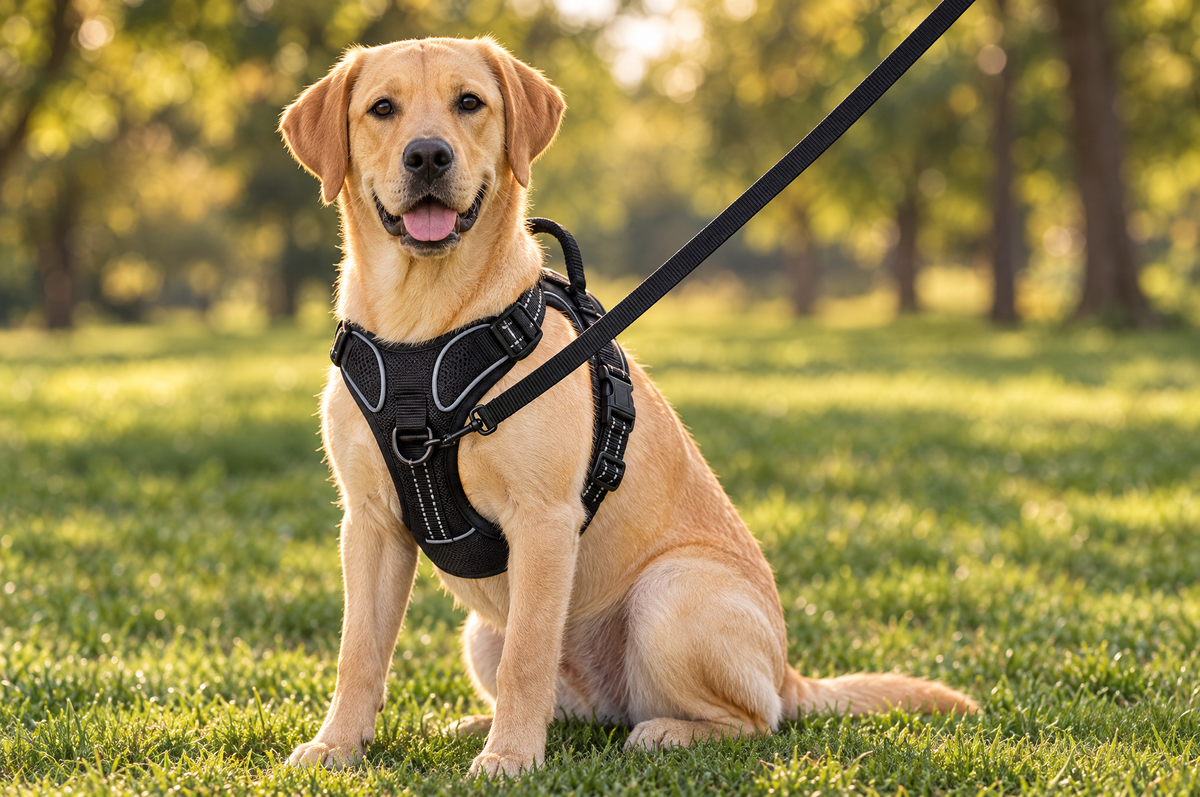 Labrador sable assis dans un parc, équipé du harnais anti-traction noir, laisse attachée à l’anneau du poitrail